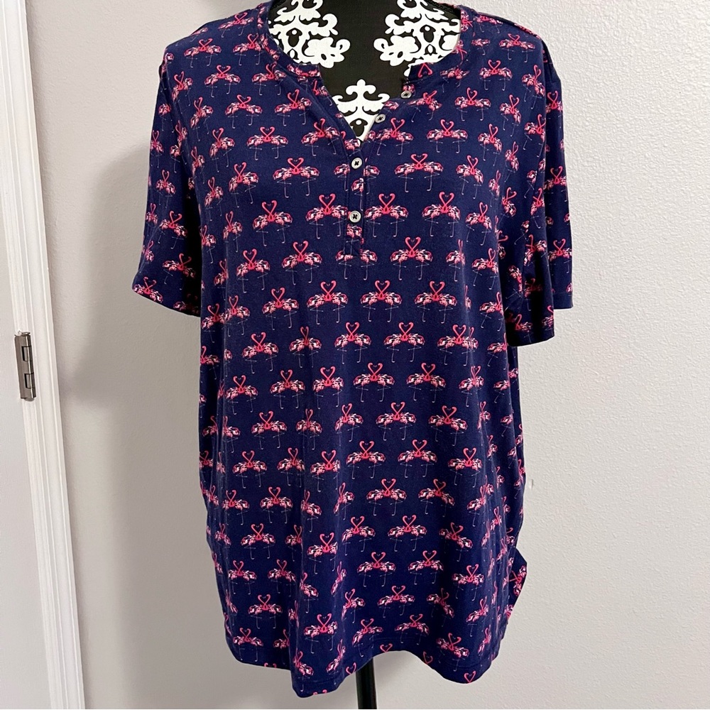 Coral Bay Women’s Navy Blue Pink Flamingo Button Down Short Sleeve Shirt 1X